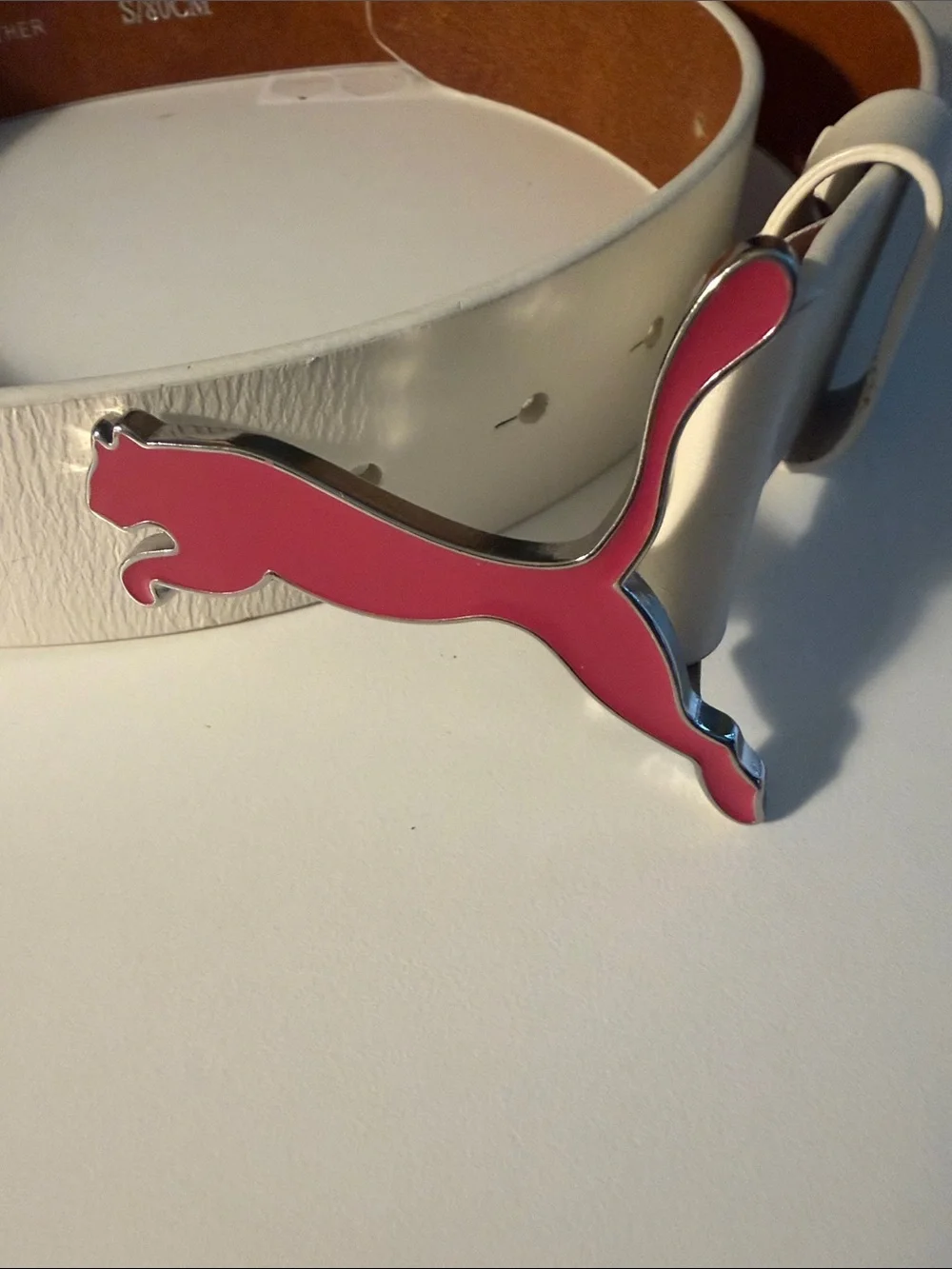 Puma White Leather Belt with Pink Puma Cat Buckle
